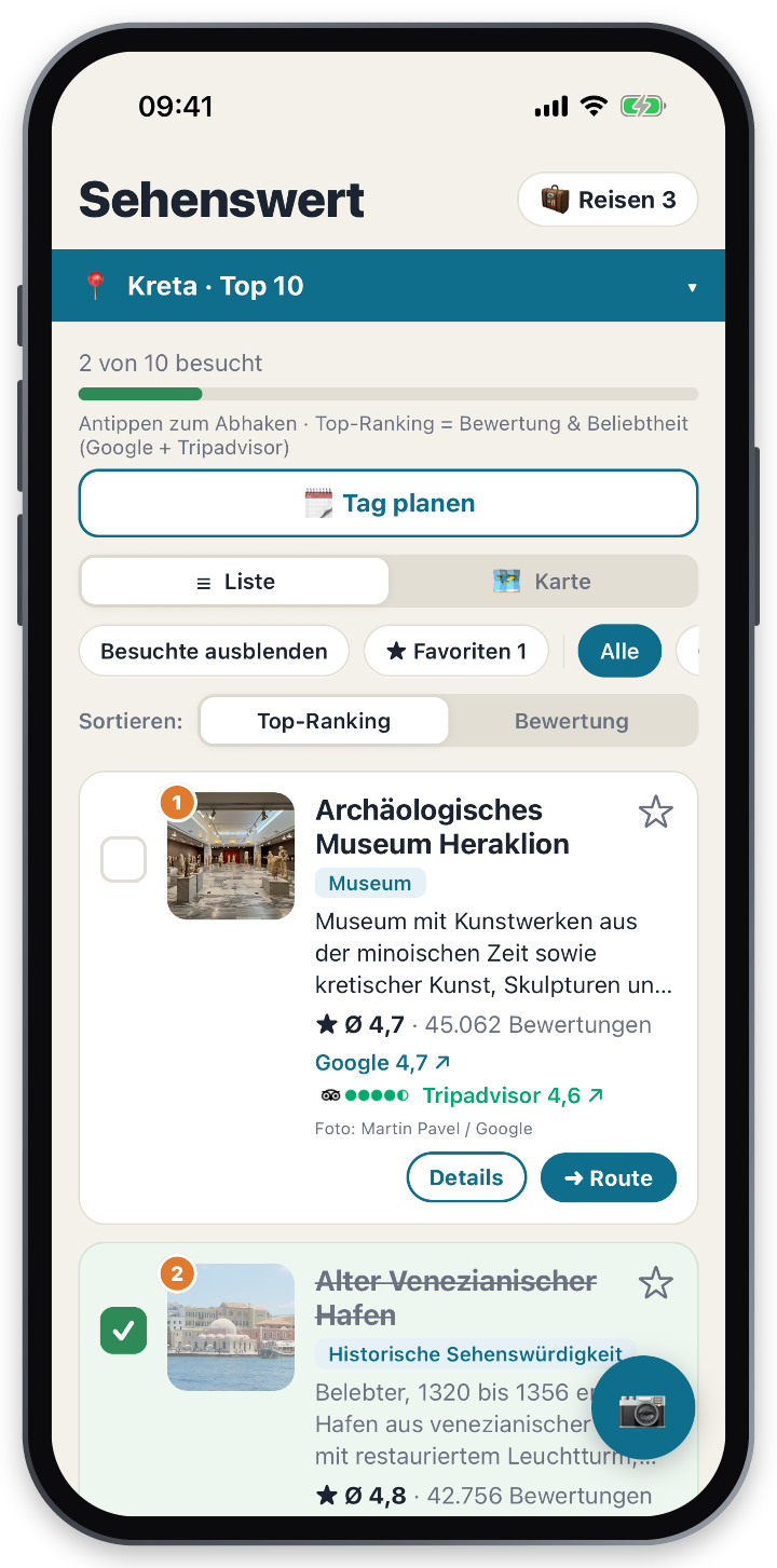 Sehenswert-App: Liste der Top 10 Sehenswürdigkeiten auf Kreta mit Bildern, Bewertungen und Abhaken